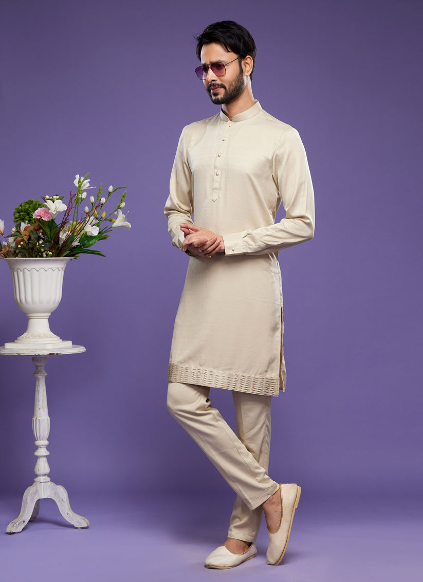 Beige Art Silk Mens Kurta Pajama Set