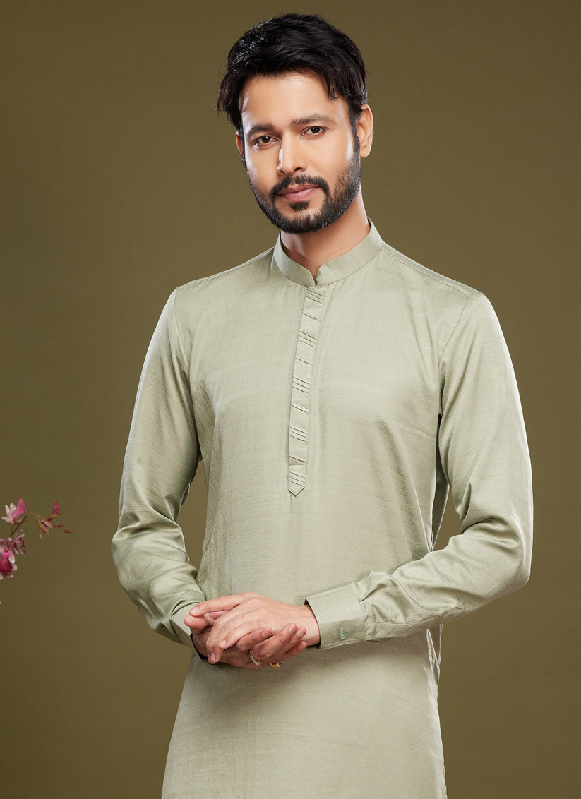 Pista Green Art Silk Mens Kurta Pajama Set