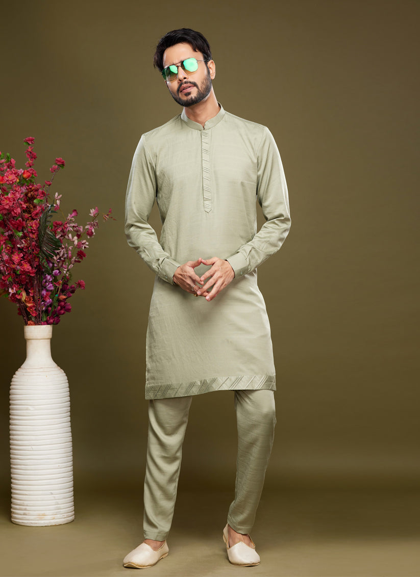 Pista Green Art Silk Mens Kurta Pajama Set