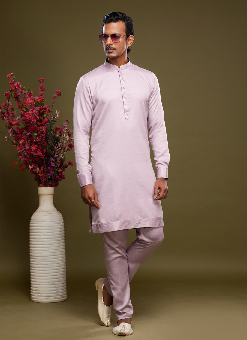 Light Pink Art Silk Mens Kurta Pajama Set