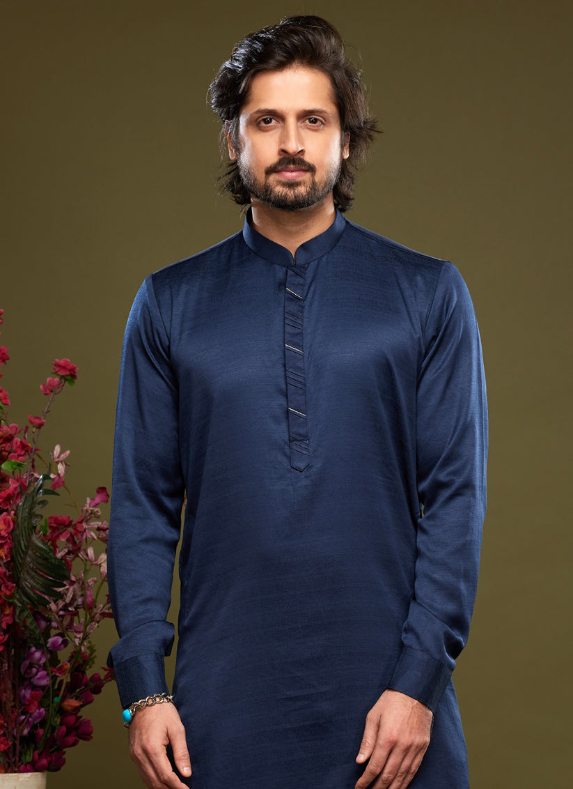 Navy Blue Art Silk Mens Kurta Pajama Set