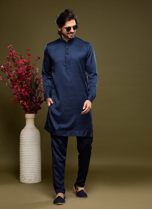 Navy Blue Art Silk Mens Kurta Pajama Set