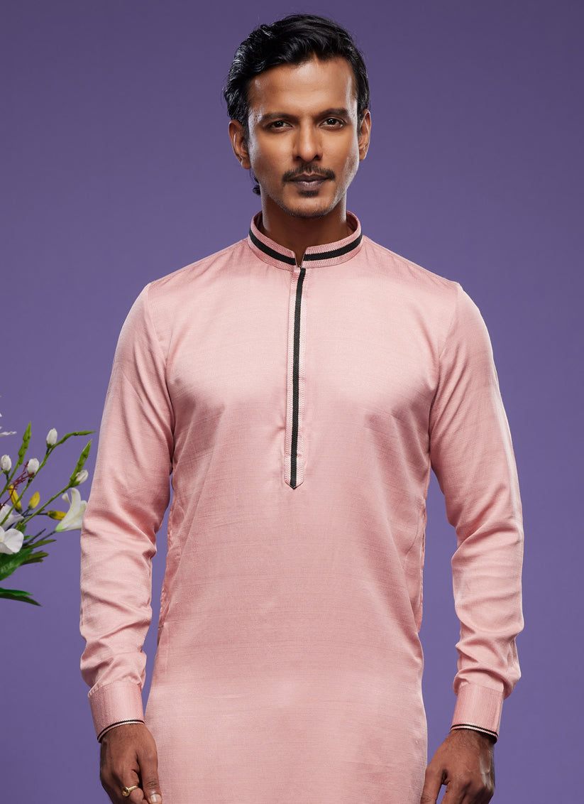 Peach Art Silk Mens Kurta Pajama Set