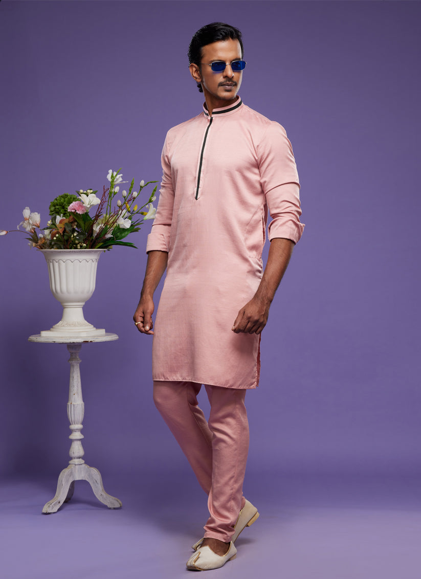 Peach Art Silk Mens Kurta Pajama Set