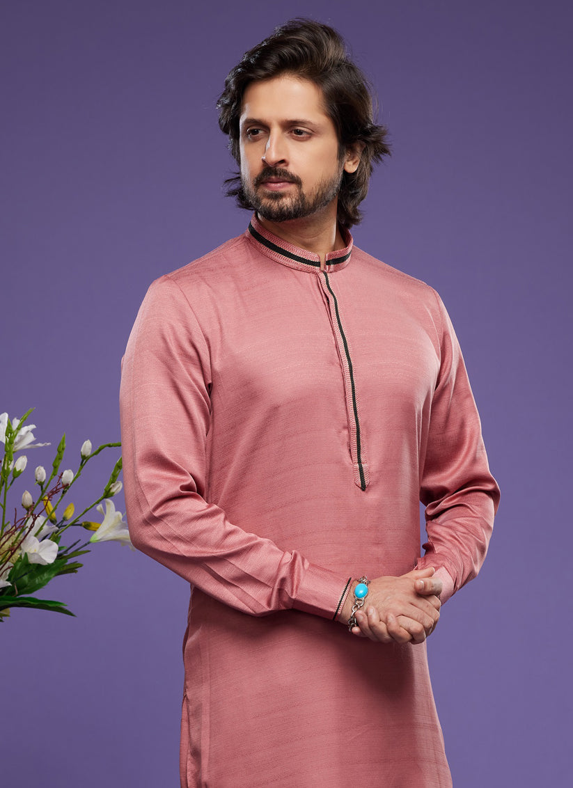 Peach Art Silk Mens Kurta Pajama Set