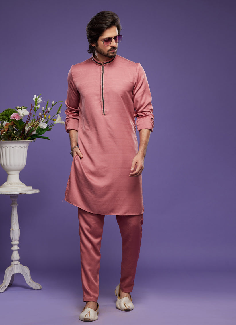 Peach Art Silk Mens Kurta Pajama Set