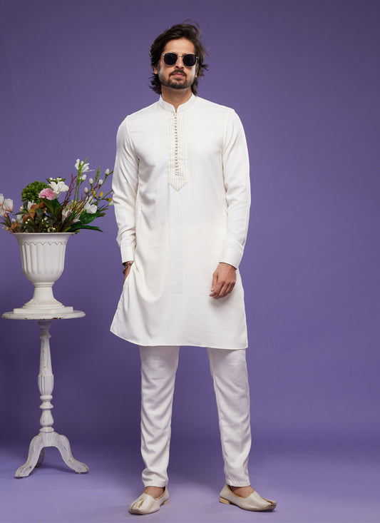 White Art Silk Mens Kurta Pajama Set