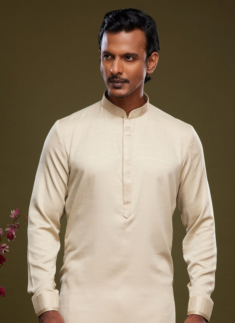 Beige Art Silk Mens Kurta Pajama Set