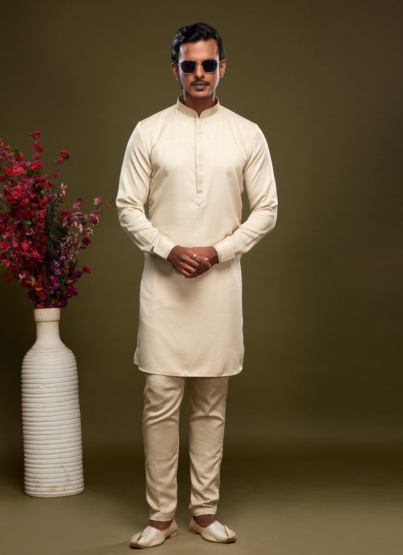 Beige Art Silk Mens Kurta Pajama Set