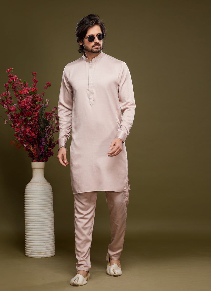 Cream Art Silk Mens Kurta Pajama Set