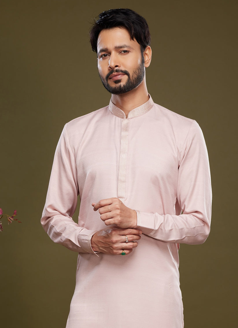 Light Pink Art Silk Mens Kurta Pajama Set