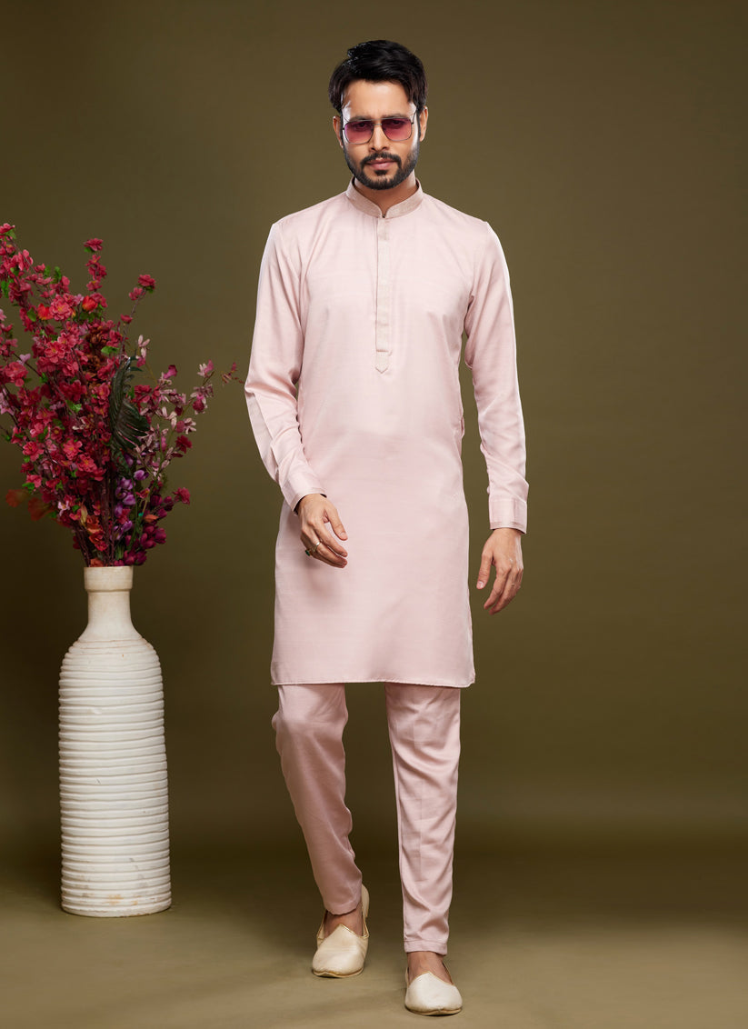 Light Pink Art Silk Mens Kurta Pajama Set