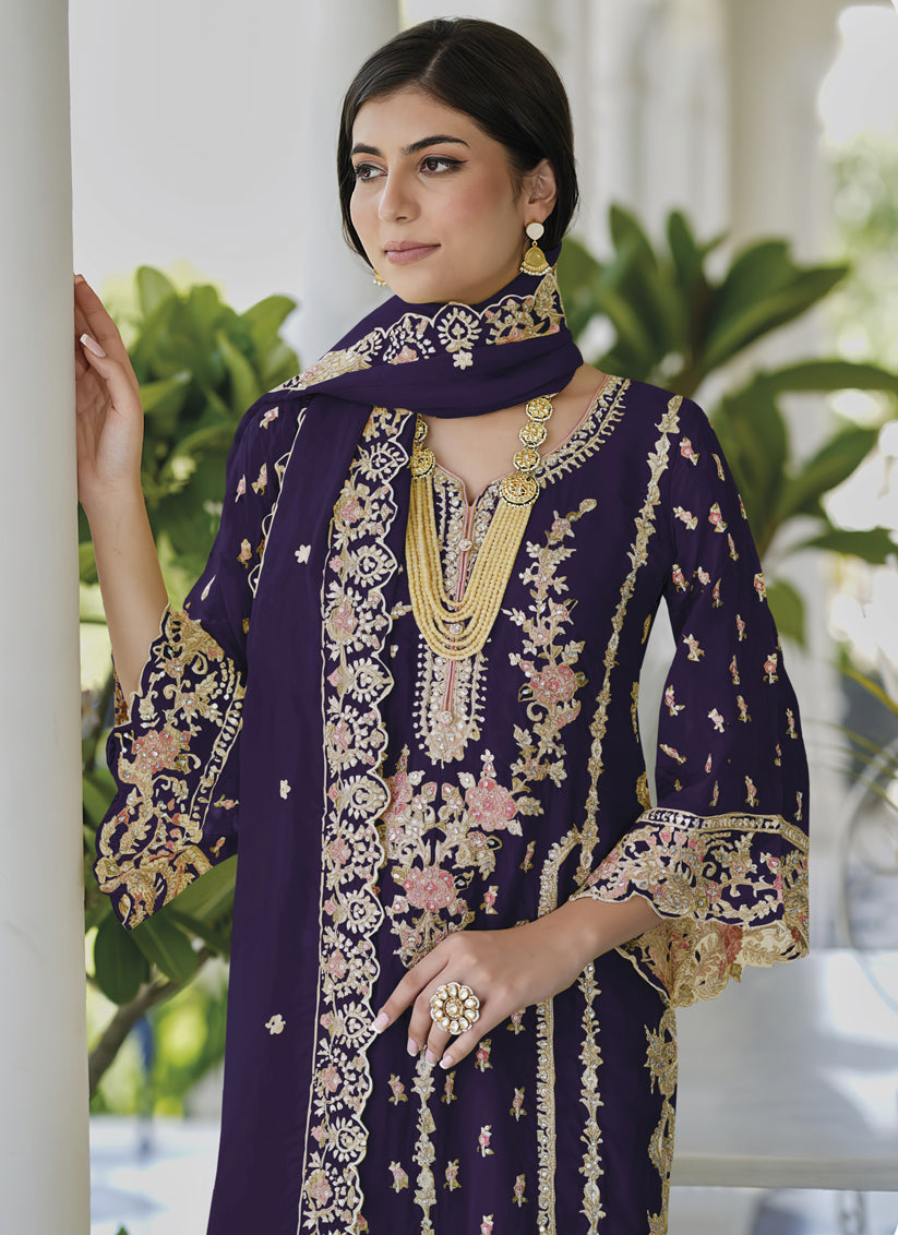 Purple Organza Embroidered Readymade Suit