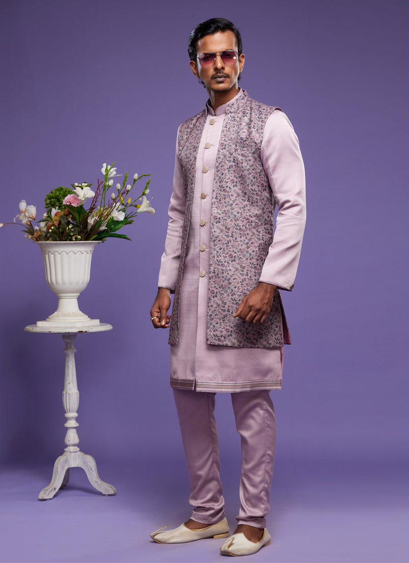 Lavender Art Silk Mens Kurta Pajama With Jacket