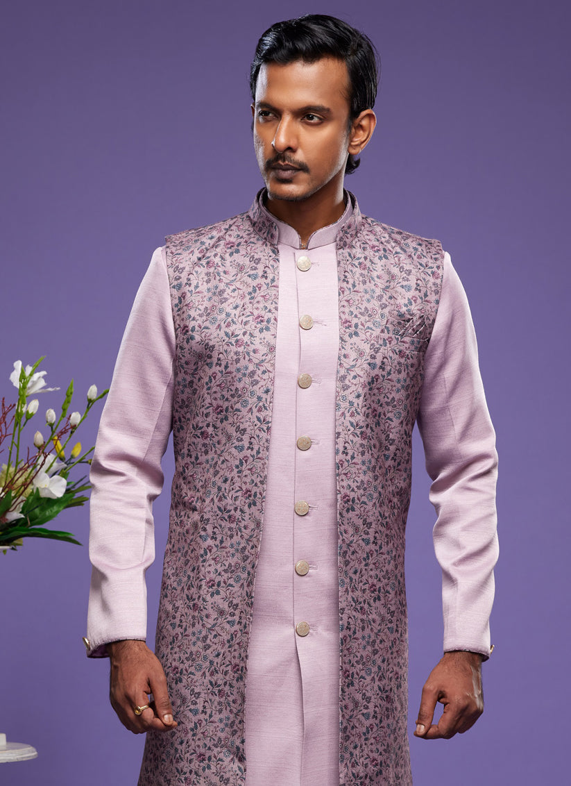 Lavender Art Silk Mens Kurta Pajama With Jacket