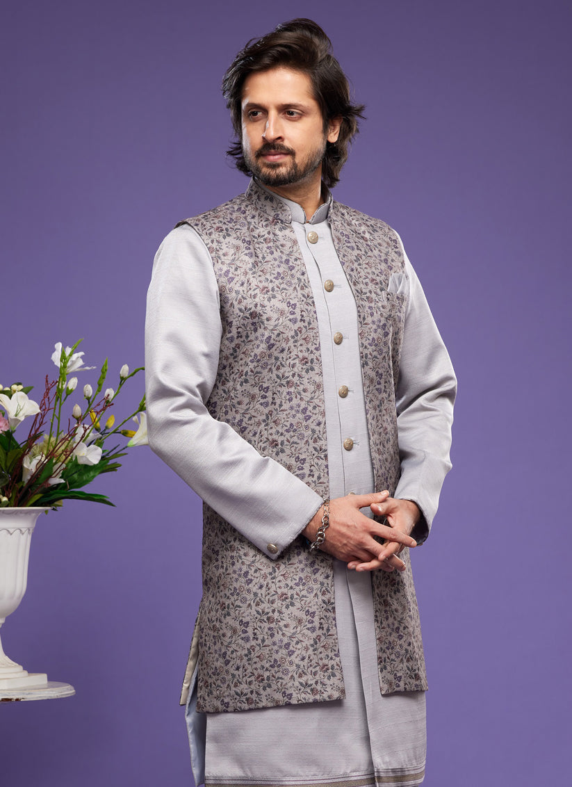 Grey Art Silk Mens Kurta Pajama With Jacket