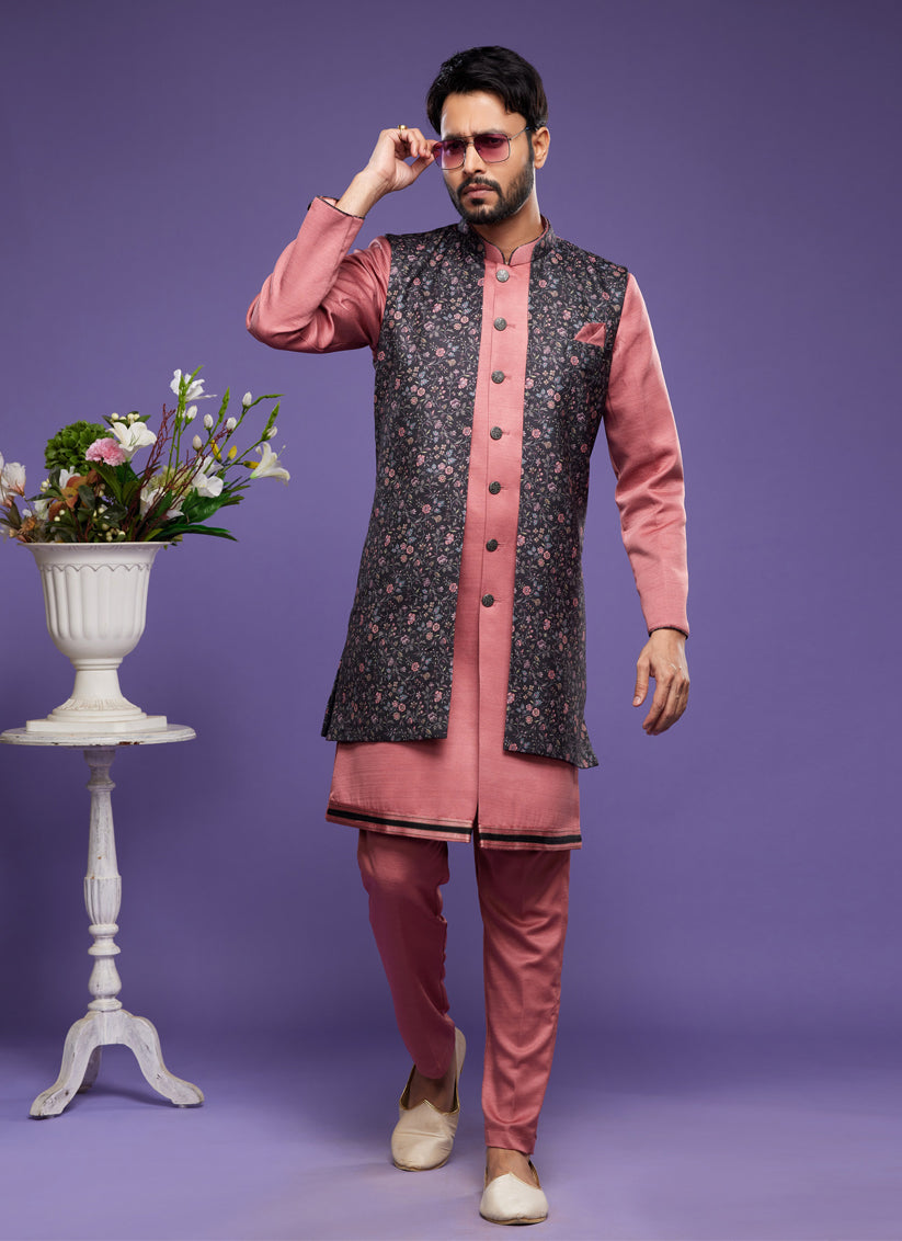 Peach Art Silk Mens Kurta Pajama With Jacket