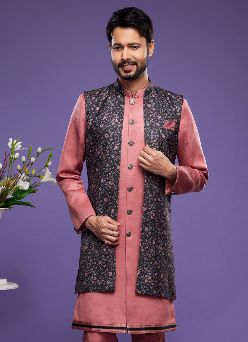 Peach Art Silk Mens Kurta Pajama With Jacket