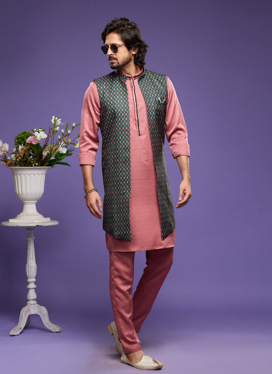 Peach Art Silk Mens Kurta Pajama With Jacket