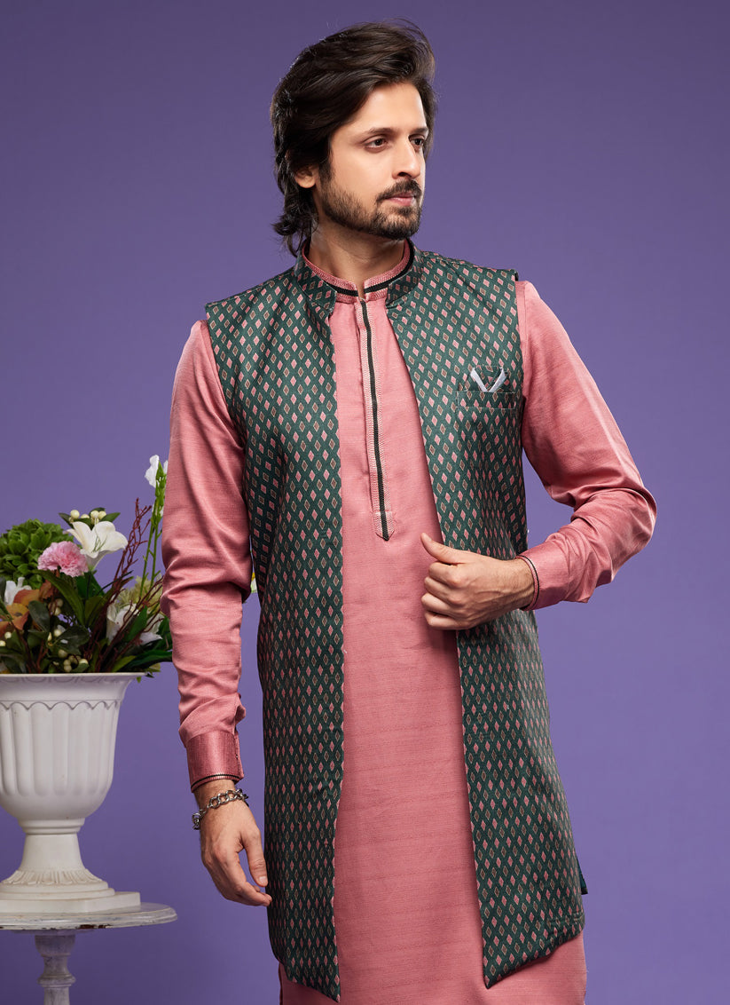 Peach Art Silk Mens Kurta Pajama With Jacket