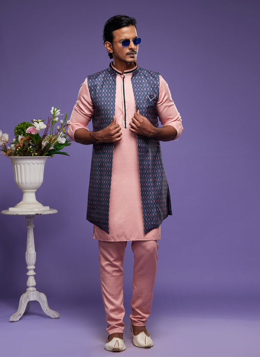 Light Pink Art Silk Mens Kurta Pajama With Jacket