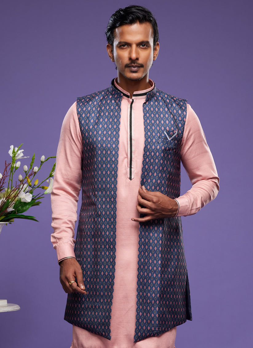 Light Pink Art Silk Mens Kurta Pajama With Jacket