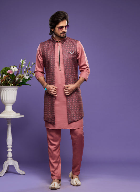 Peach Art Silk Mens Kurta Pajama With Jacket