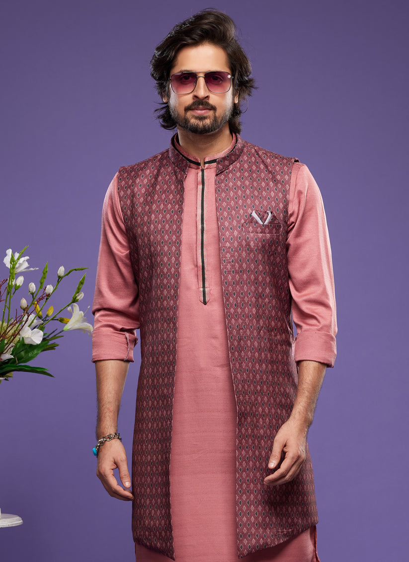 Peach Art Silk Mens Kurta Pajama With Jacket