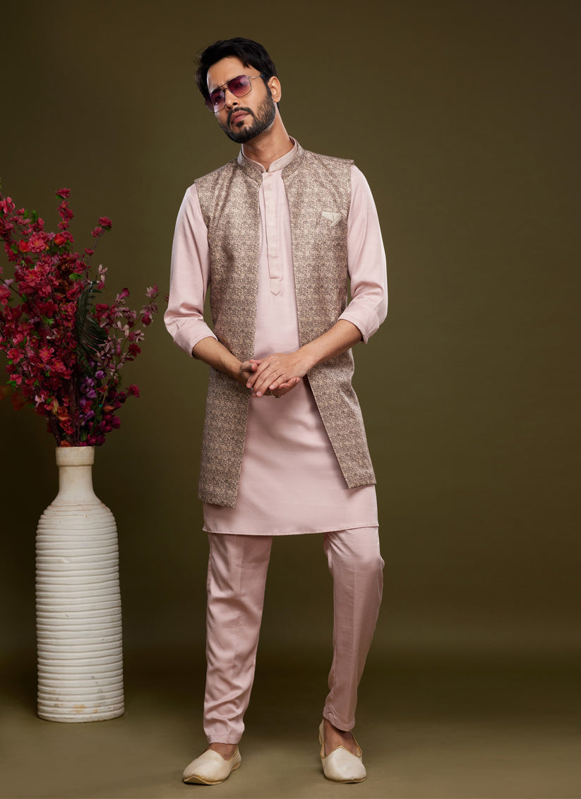 Light Pink Art Silk Mens Kurta Pajama With Jacket