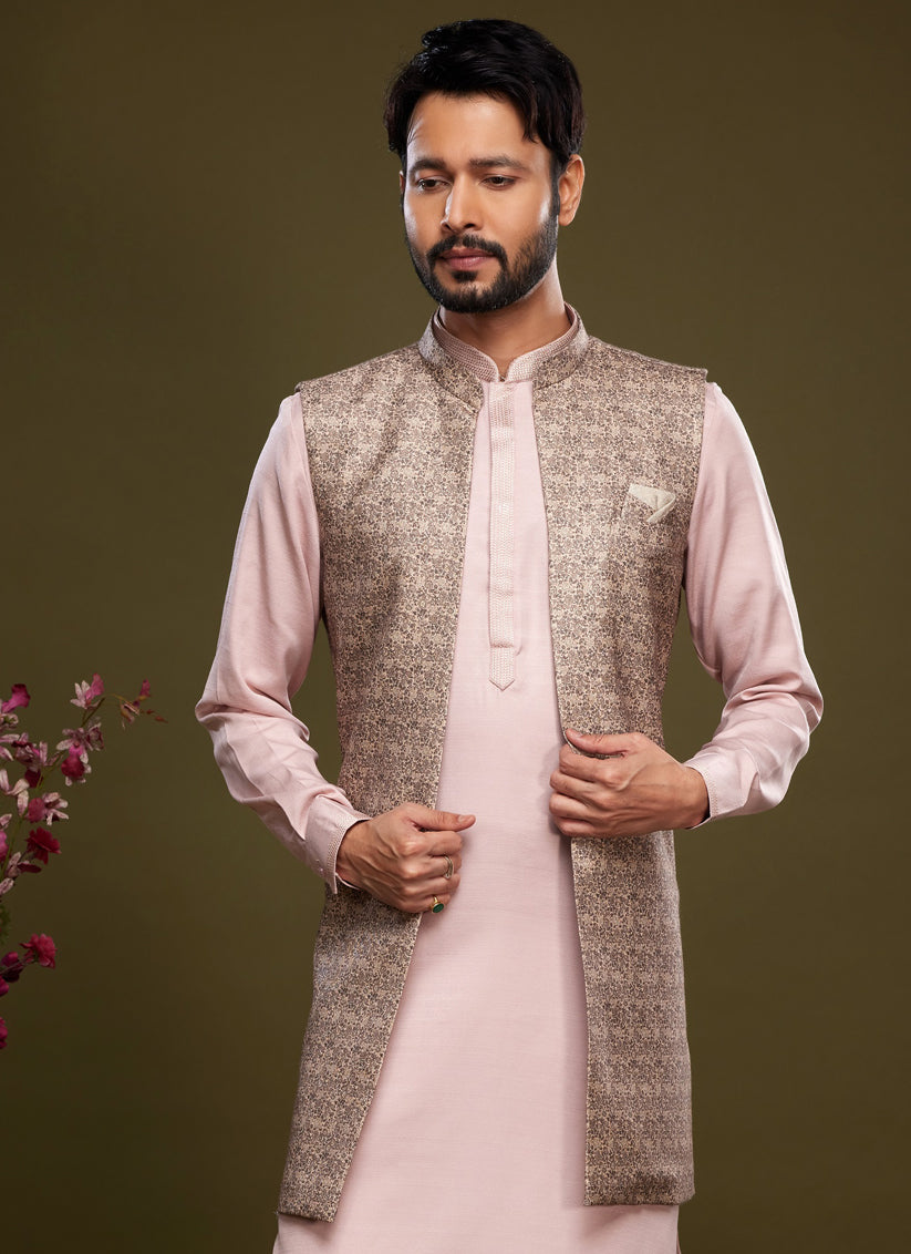 Light Pink Art Silk Mens Kurta Pajama With Jacket