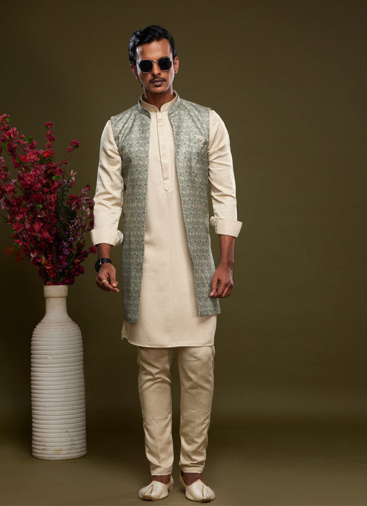 Beige Art Silk Mens Kurta Pajama With Jacket