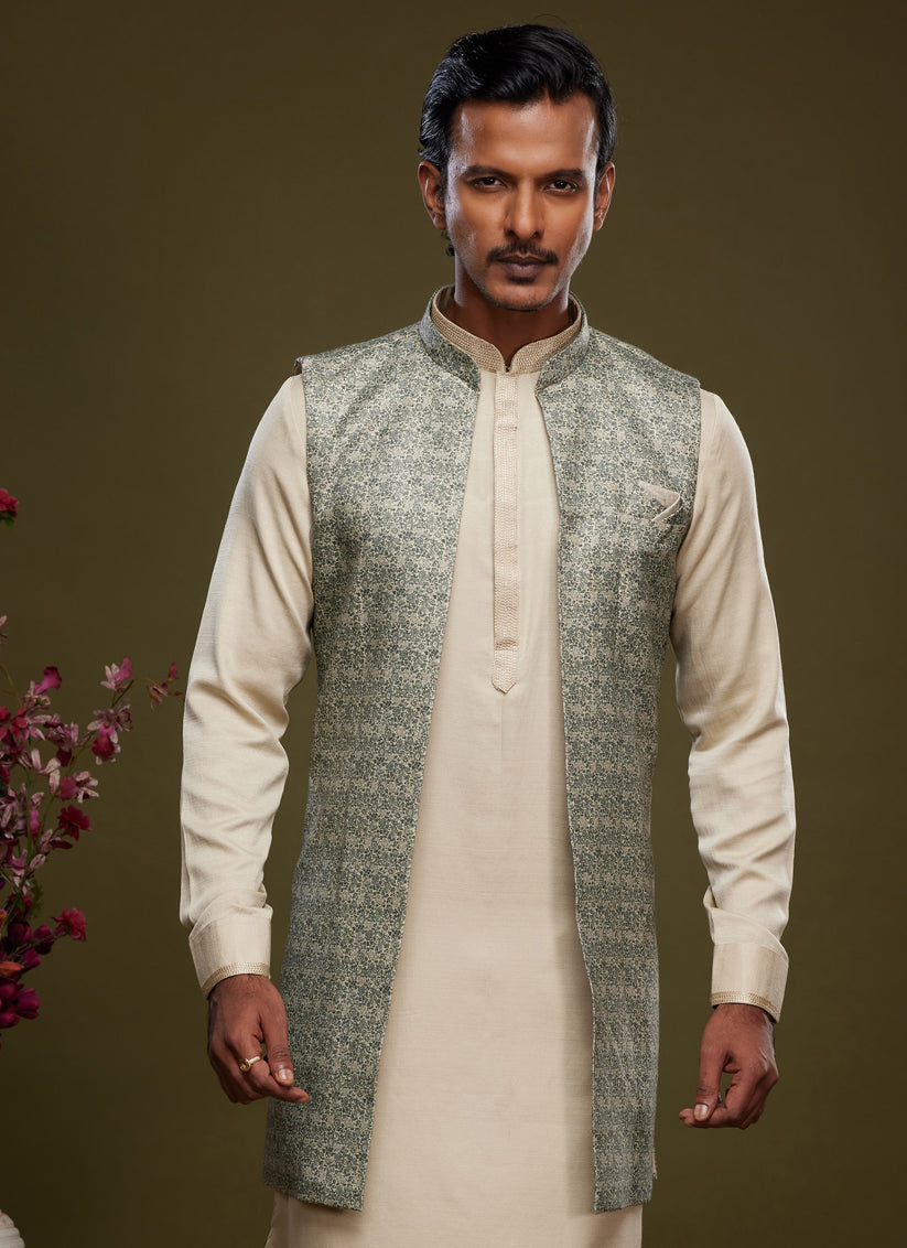 Beige Art Silk Mens Kurta Pajama With Jacket