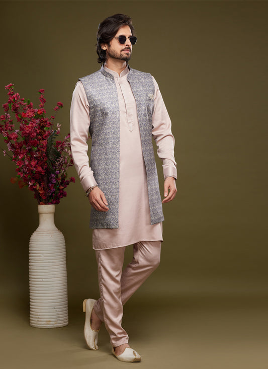 Light Pink Art Silk Mens Kurta Pajama With Jacket