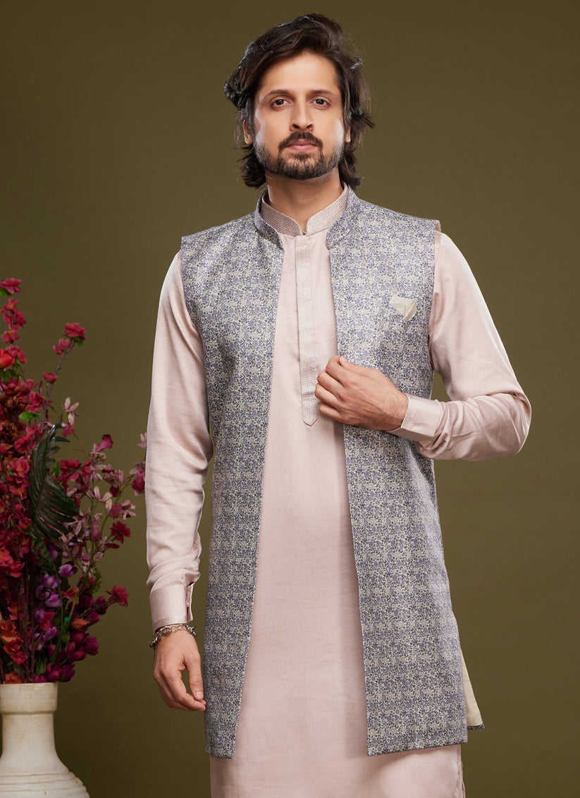 Light Pink Art Silk Mens Kurta Pajama With Jacket