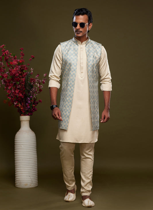 Beige Art Silk Mens Kurta Pajama With Jacket