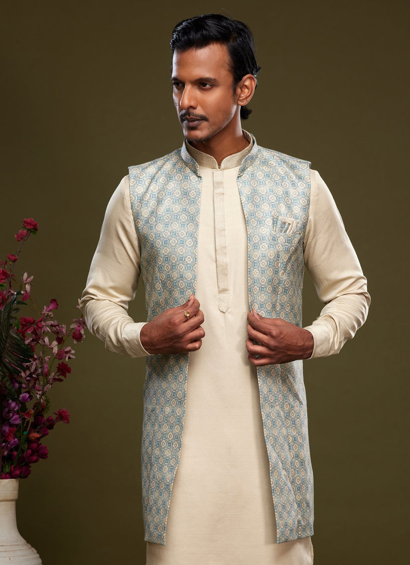 Beige Art Silk Mens Kurta Pajama With Jacket