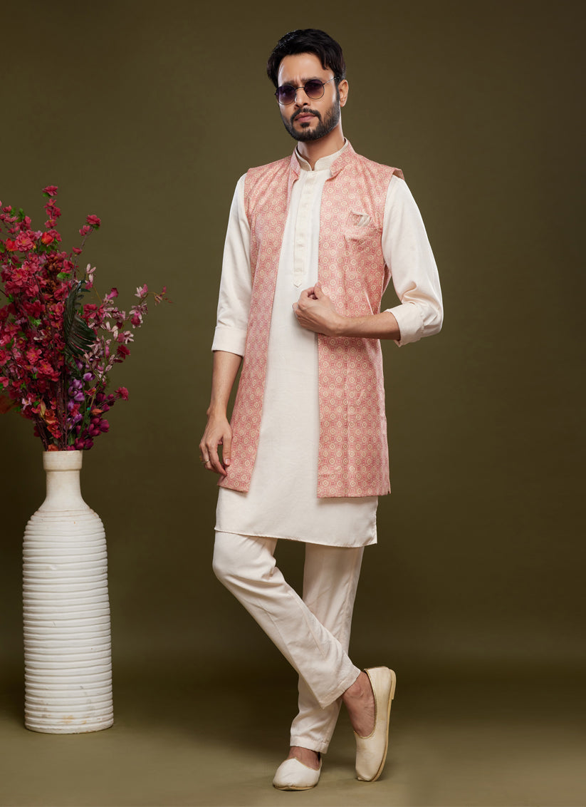 Off White Art Silk Mens Kurta Pajama With Jacket