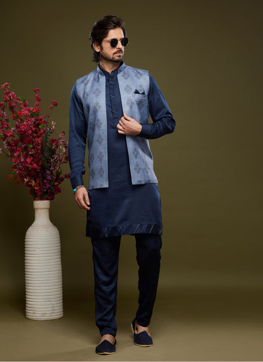 Navy Blue Art Silk Mens Kurta Pajama With Jacket