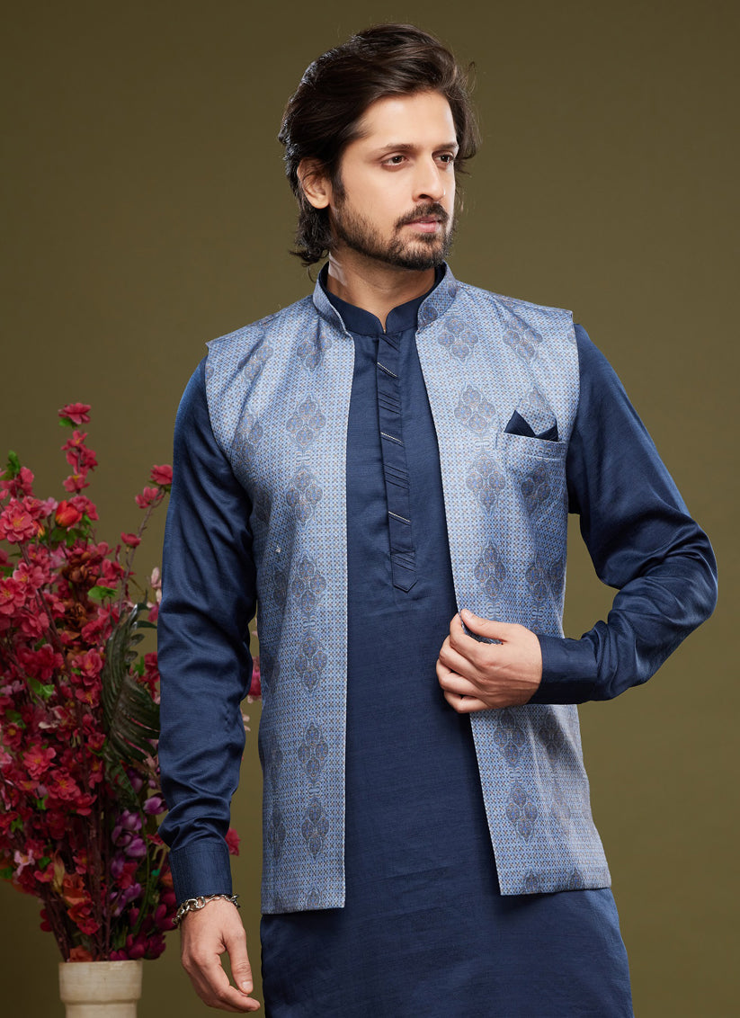 Navy Blue Art Silk Mens Kurta Pajama With Jacket