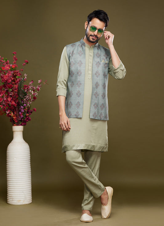 Pista Green Art Silk Mens Kurta Pajama With Jacket