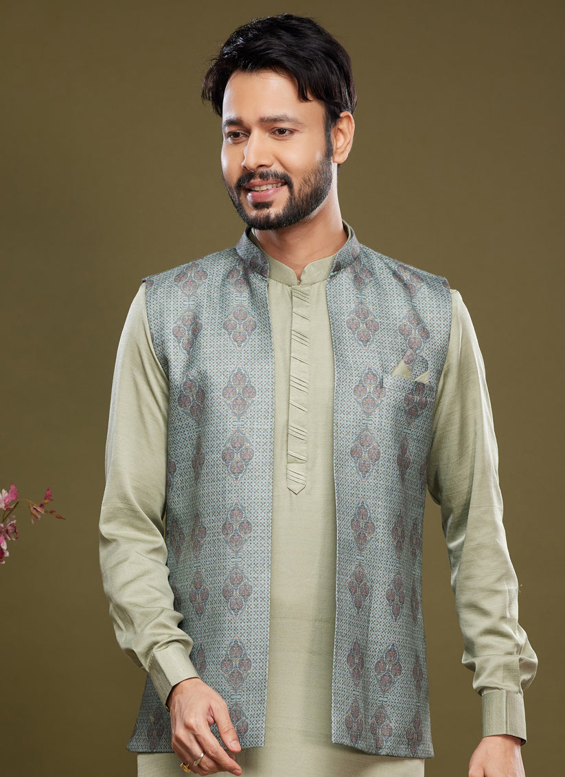 Pista Green Art Silk Mens Kurta Pajama With Jacket