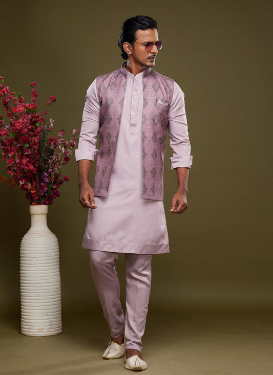 Lavender Art Silk Mens Kurta Pajama With Jacket