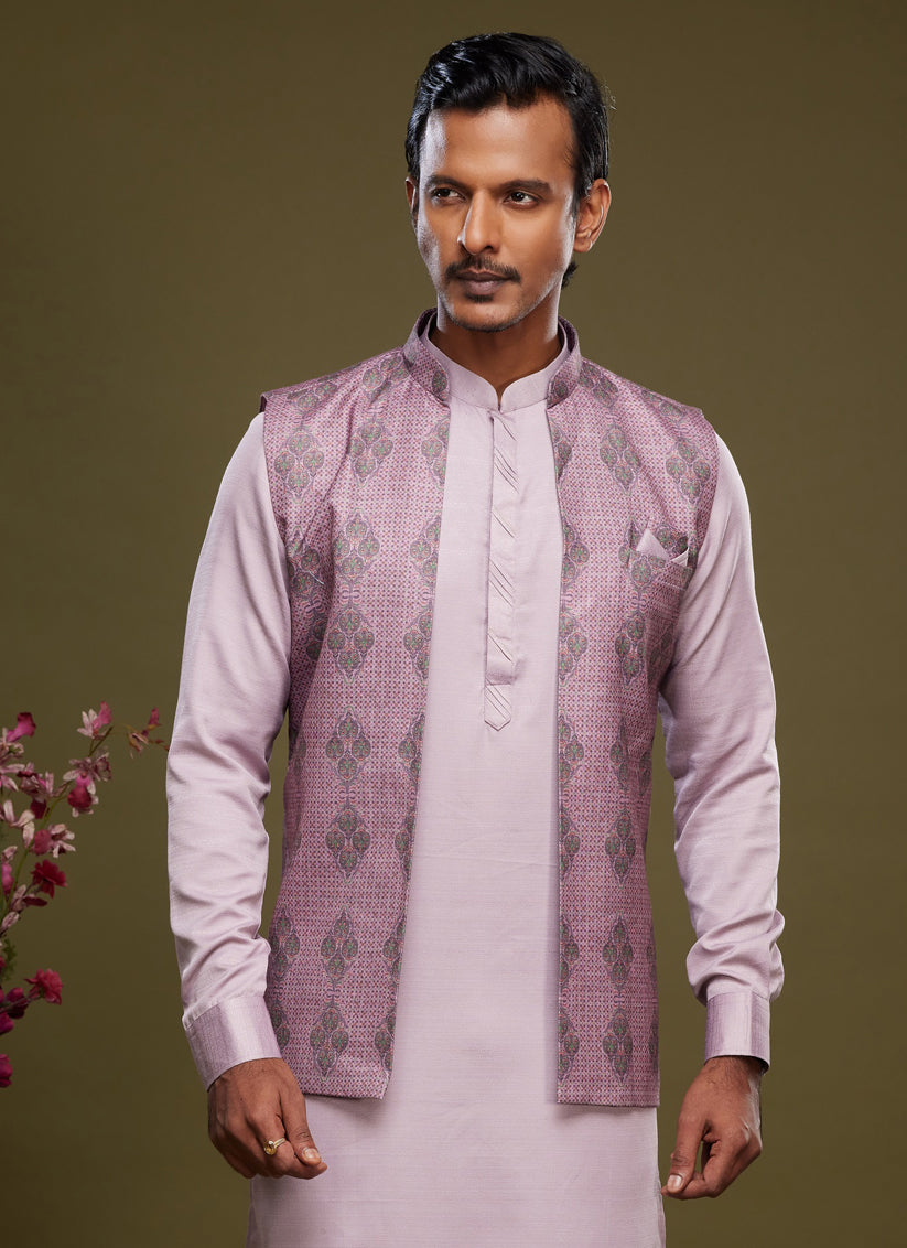 Lavender Art Silk Mens Kurta Pajama With Jacket