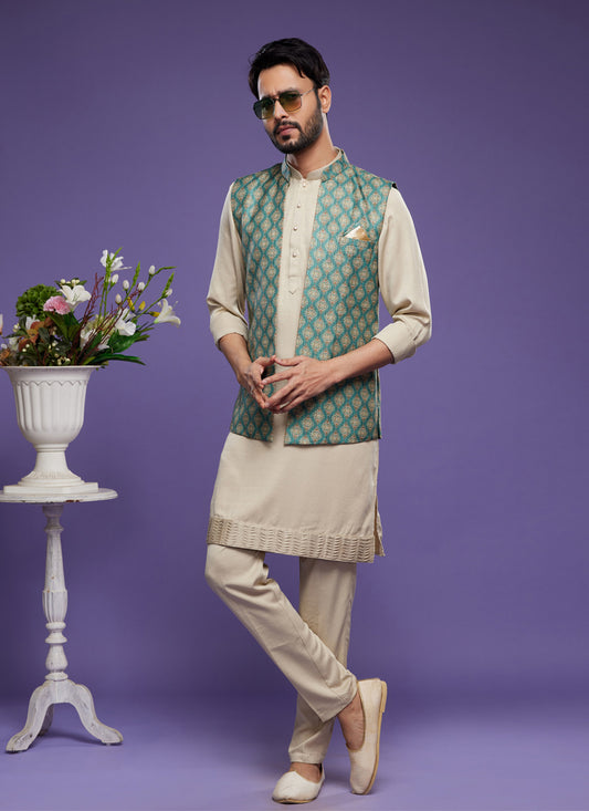 Beige Art Silk Mens Kurta Pajama With Jacket