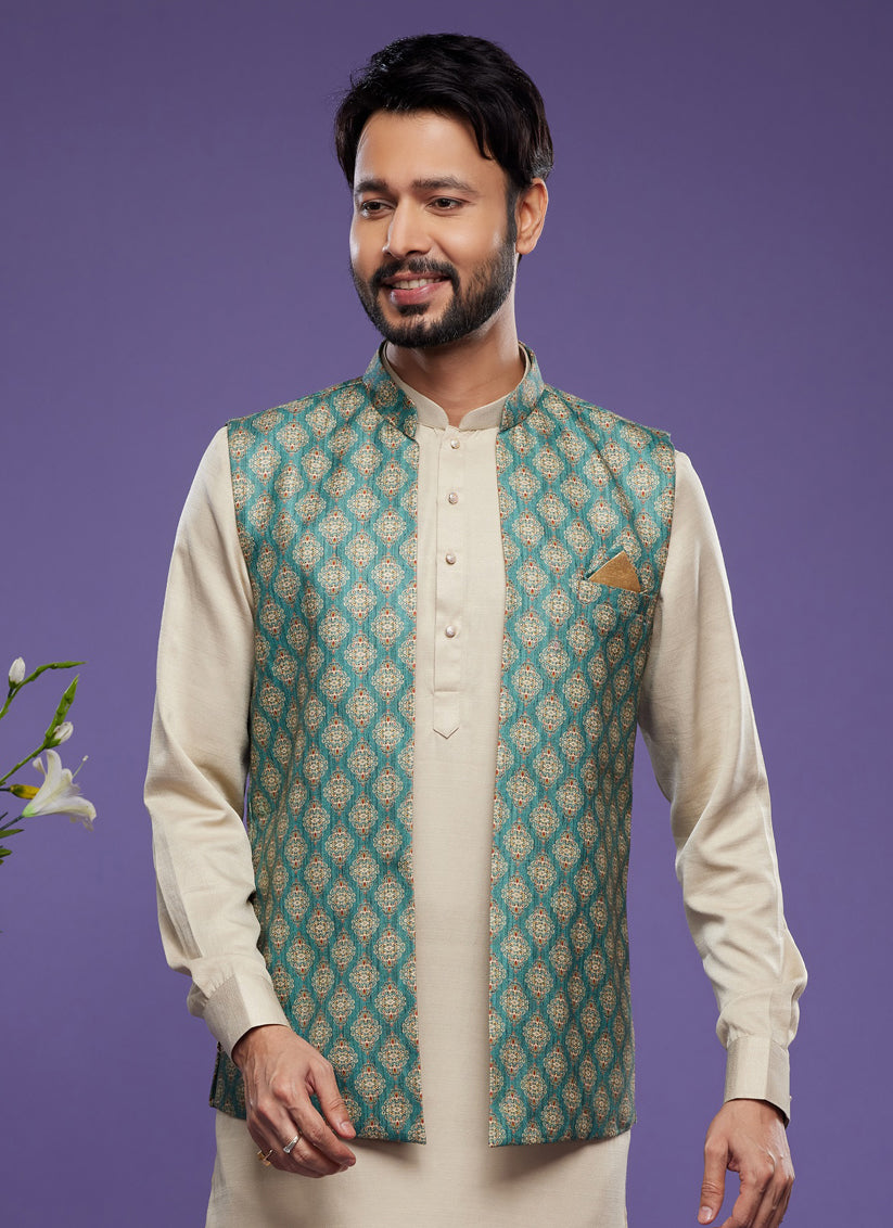 Beige Art Silk Mens Kurta Pajama With Jacket