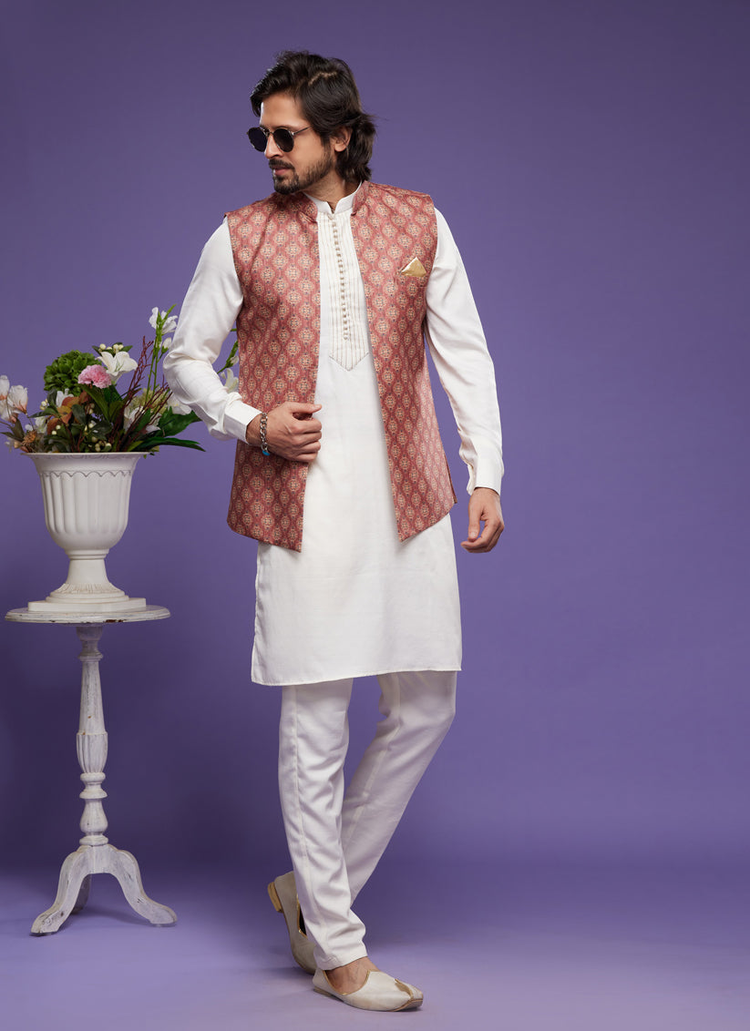 White Art Silk Mens Kurta Pajama With Jacket