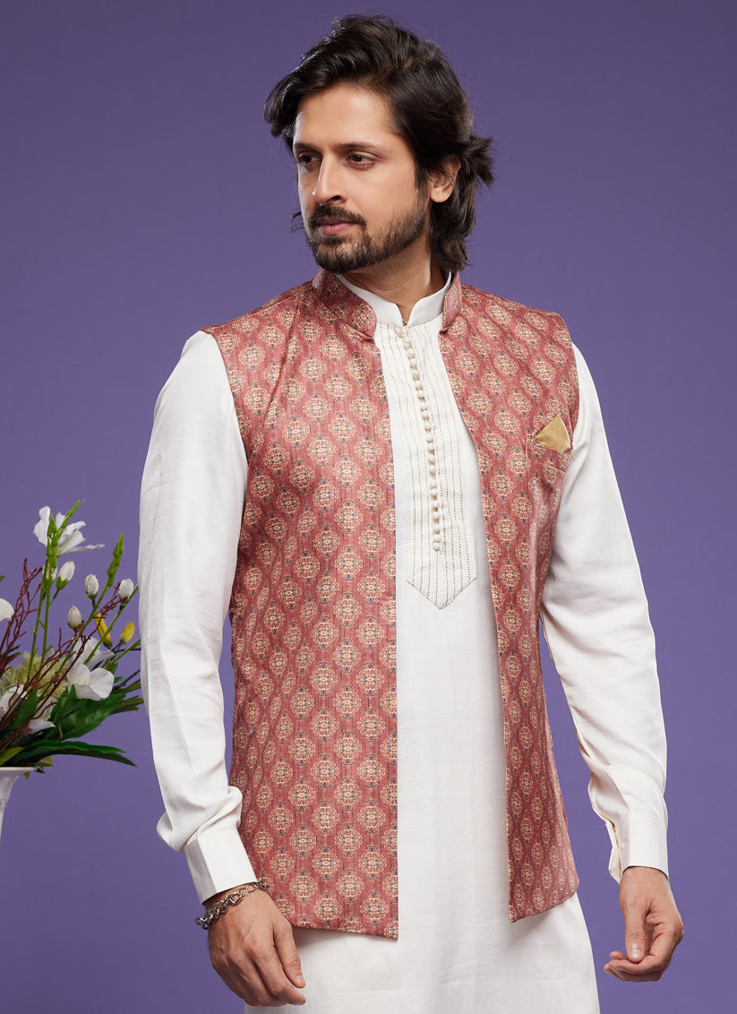 White Art Silk Mens Kurta Pajama With Jacket