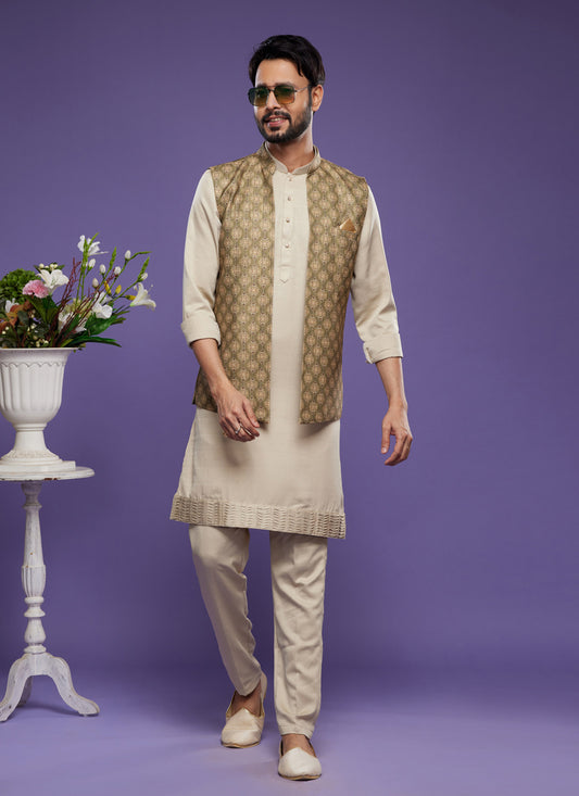 Beige Art Silk Mens Kurta Pajama With Jacket