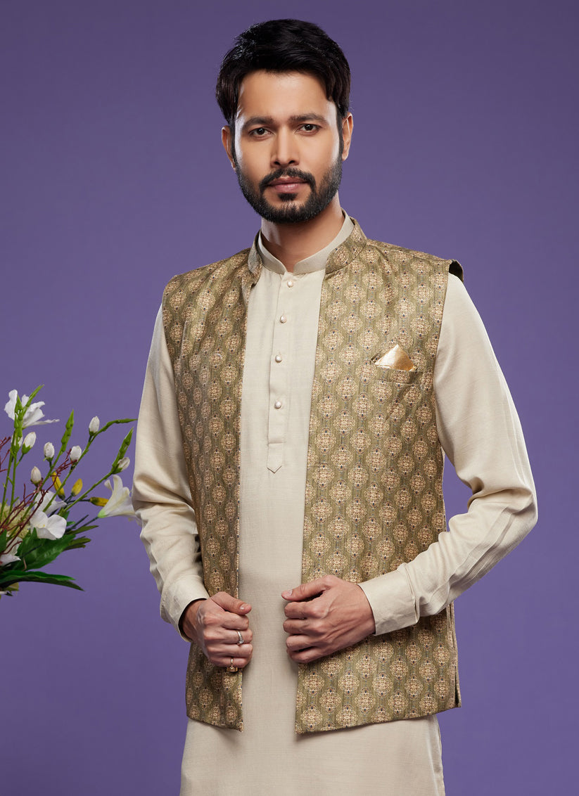 Beige Art Silk Mens Kurta Pajama With Jacket