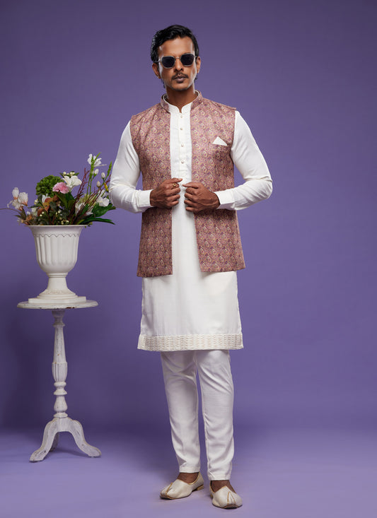 White Art Silk Mens Kurta Pajama With Jacket